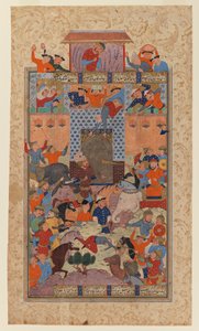 来自Shahnameh的Folio：伊朗人捕获Afrasiyabs堡垒，电话：1580-1590（墨水和不透明的纸张）