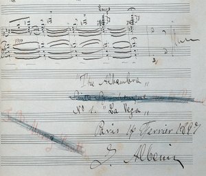 西班牙作曲家和钢琴家艾萨克-阿尔贝尼兹（1860-1909 年）的钢琴组曲""La Vega "乐谱及亲笔签名。手稿日期：1897 年 2 月 14 日。加泰罗尼亚国家图书馆。 作者 艾萨克·阿尔贝尼兹