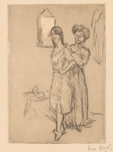 年轻女子在裁缝店
在裁缝店（物品上的标题） 作者 Isaac Israels（艺术家签名）