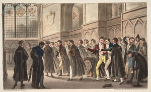 英国间谍，酒吧的黑色马丁斯，或晚期饮酒对早起者的影响。 1824年（手工彩色雕刻）