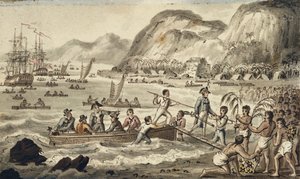 库克船长登陆Owyhee，插图取自“库克船长的航行” 作者 艾萨克·罗伯特·克鲁克香克