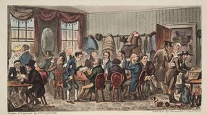 贝尔酒店的男士宴会，切尔滕纳姆，英国间谍，酒吧。 1824年（手工彩色雕刻）