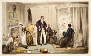 汤姆·艾乔（Tom Echo）与英格兰间谍（The English Spy）于1824年出版的伦敦（手绘彩色版画）一起摆放了非常接近墙壁的海丁顿热潮或奥克森主义者。