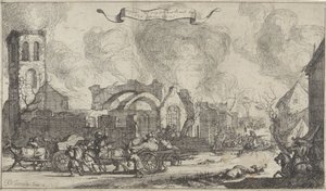 1672 年，法国军队在 Nigtevecht 村庄的废墟上掠夺和射击
乌得勒支省被法国人于 1672 年摧毁的村庄和城堡的十三幅插图系列（系列标题） 作者 艾萨克·索瑞斯