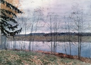 秋天（Automn）。描绘河岸和枯萎的树木。伊萨克-伊里奇-列维坦（1860-1900 年）的作品，纸上水彩画 作者 艾萨克·伊里奇·列维坦