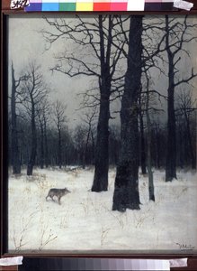 冬天的森林。雪中裸露的黑树，有一匹狼。伊萨克-伊里奇-列维坦（1860-1900）的绘画，布面油画