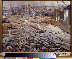 Vue generale de la station hydro electrique de Dniepr（第聂伯河水电站全貌）。Peinture de Isaak Izrailevich Brodsky (Brodski) (1884-1939)。水彩画 作者 伊萨克·伊斯莱耶维奇·布罗茨基