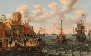 约 1662 年，一艘荷兰三桅帆船和一艘罗马教皇的伽利略号船，以及设防城镇沿岸的其他船只（油画，木板） 作者 伊萨克·威拉尔茨