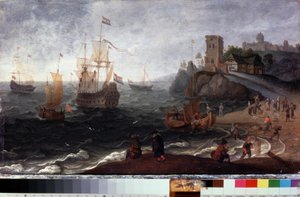 海边的鱼市。Isaak Willaerts（1620-1693 年）的画作。木板油画，35.5 x 67 厘米，约 1640 年。谢尔普霍夫（俄罗斯）国家历史与艺术博物馆。 作者 伊萨克·威拉尔茨