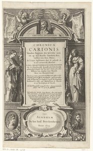 梅兰希所著 Chronica Carionis 的扉页
Chronica Carionis vanden beginne des werelts aen tot op den Keyser Carolum（标题见实物） 作者 扬·扬斯。