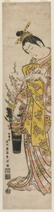 1740年代中期，妓女在花瓶上读一首绑在花上的诗纸。