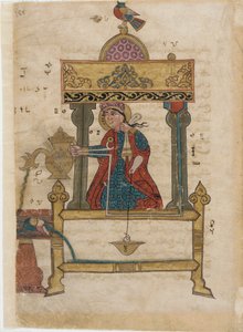 具有冲洗机构的洗手自动机，来自The Book of Ingenious Mechanical Devices的对开;作者：Al-Djazari，1315（不透明的wc，墨水和黄金在纸上） 作者 伊斯兰学校
