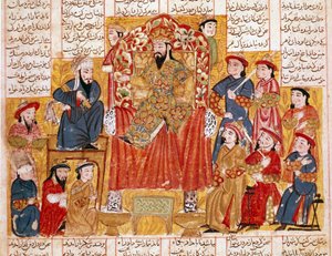伊斯兰艺术：“苏丹和他的宫廷”，来自 Ferdowsi（Firdawsi，或 Ferdawsi，或 Firdousi，ca. 940-1020 年左右）1330 年左右，伊斯坦布尔托普卡匹博物馆 作者 伊斯兰学校