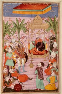 伊斯兰艺术：“”Keikaous 国王下令捕获 Roustam””” 来自 Ferdowsi（Firdawsi，或 Ferdawsi，或 Firdousi）的史诗“Shahnameh”（Shah Nama，Shahnama）（国王之书）手稿的波斯缩影 , ca. 940-around 1020) (ms. 607) Chantil 作者 伊斯兰学校