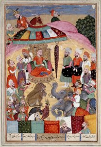 伊斯兰艺术：“国王帐篷前的索拉布（撒哈拉人）”波斯缩影，来自 Ferdowsi（Firdawsi，或 Ferdawsi， 或 Firdousi, ca. 940-around 1020) (ms. 607) Chantil 作者 伊斯兰学校