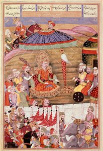伊斯兰艺术。"Sohrab (Saharab)再看Roustam的帐篷"，来自Ferdowsi（Firdawsi，或Ferdawsi，或Firdousi，约940-约1020）的史诗 "Shah Namah"（Shahnama）（《王书》）手稿的波斯微型画（ms. 607）。 作者 伊斯兰学校