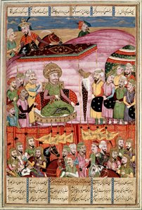 伊斯兰艺术：“” Sohrab（撒哈拉人）站在 Roustam 的帐篷里“”来自 Ferdowsi（Firdawsi 或 Ferdawsi）的史诗“Shahnameh”（Shah Nama，Shahnama）（国王之书）手稿的波斯缩影 , 或 Firdousi, ca. 940-around 1020) (ms. 607) Lly, 作者 伊斯兰学校
