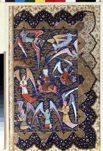 "先知穆罕默德（570-632 年）（蒙面）在米拉克，他骑着马 Al - Bouraq (Burak) (Al - Buraq) 登上第七层天堂"。羊皮纸上的水彩画。16 世纪。圣彼得堡冬宫博物馆 作者 伊斯兰学校