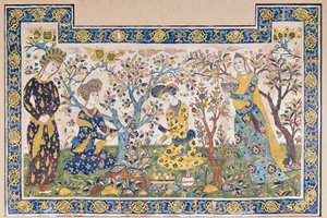 壁画小组放松在花园里，从Tchehel Sutun或四十柱亭子由Shah Abbas II（1642-66）建造，波斯语，伊朗伊斯法罕（瓷砖） 作者 伊斯兰学校