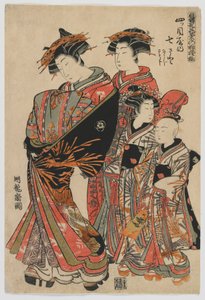 时尚模特：新设计作为新鲜幼叶：Yotsumeya的名妓Nanasato与她的服务员Nanaji和Satoji，江户时代，1778-80（彩色木版画）