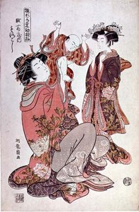 越山的宫女森越与孩子和随从，约 1775 年（彩色木刻版画） 作者 oda田K