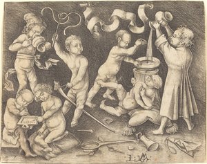 七个孩子在玩耍 作者 以色列·范·麦肯纳姆（Israhel van Meckenem）