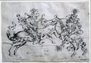 两个骑手在玩耍。两个人在马背上的游戏。由Israel Van Meckenem（约1440-1503年）绘制。卢浮宫博物馆 作者 Israhel van年轻的Meckenem