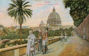 教皇庇护十世在梵蒂冈，罗马的花园里。明信片于1913年寄出。 作者 意大利摄影师