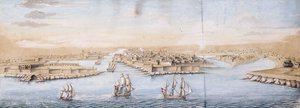 从海上鸟瞰瓦莱塔（Valetta）的鸟瞰图，战警进入港口， 作者 意大利学校