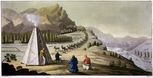 拉普兰人的小屋或八角形帐篷和一群下山的驯鹿，《民族史》中的第47版（水印）。 作者 意大利学校