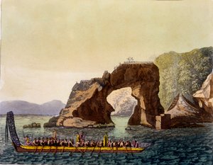 新西兰的毛利人强化观察点，结合毛利战争独木舟，1820年代至30年代（手工彩色） 作者 意大利学校