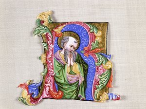 祈祷的圣徒，大的历史首字母R，约1400年（历史首字母，从牛皮纸上的对角线切出） 作者 意大利学校