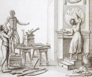 雕塑家的工作室，约1800年（雕刻）。 作者 意大利学校