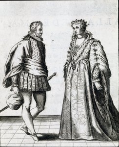 一对意大利贵族。 雕刻从“Il ballarino”（或 Il 舞者）交易舞蹈大师 Fabritio Caroso (1527 / 1535-1605 / 1620) 1581 年的舞蹈。博洛尼亚市政博物馆 Biblioteca Musicale 作者 意大利学校