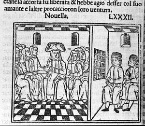 一个修女的爱情故事。 意大利作家乔瓦尼·薄伽丘 (Giovanni Boccaccio dit Jean Boccaccio) (1313-1375) 的《十日谈》的新闻 82（新 2 日）插图。 雕刻在“”Decamerone ouer Cento nouelle” 威尼斯，Bartolomeo de 