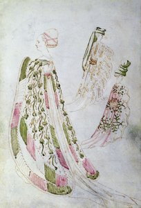 一个女人和两个穿长衣的男人，约 1450 年（纸上水墨画） 作者 意大利学校