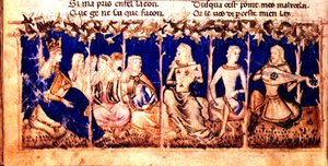 Add.12228 fol.222v 一位王后聆听音乐，选自 Roman du Roy Meliadus de Leonnoys，约 1352 年（牛皮纸） 作者 意大利学校
