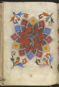 Add.21965，f.5v纹章图：狮鹫，裁缝行会章程，选自 "Matricula artificum Artis Sartorum civitatis Perusii"（牛皮纸上的墨水和彩色图案） 作者 意大利学校