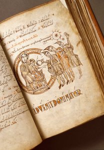 崇拜博洛尼亚学校的贤士手稿。 (Ms.123-Foglio 40 r) 11 世纪罗马，Biblioteca Angelica 作者 意大利学校