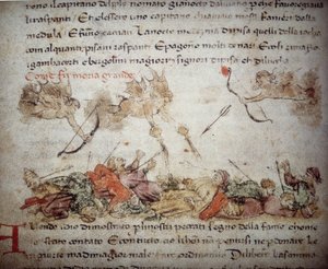 1347-48 年欧洲黑死病的寓言表现，选自《Croniche del Sercambi》，约 1400 年（牛皮纸上的钢笔和墨水） 作者 意大利学校
