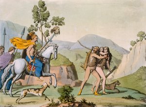 古代凯尔特武士在一次突袭中遇到一对外出打猎的夫妇，约 1800-18 年（彩色雕刻） 作者 意大利学校