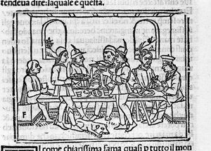 在佛罗伦萨贵族成员面前的宴会场景。 意大利作家 Giovanni Boccaccio dit Jean Boccace（1313-1375）的“十日谈”插图。 雕刻在“”Decamerone ouer Cento nouelle” 威尼斯，Bartolomeo de 