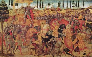 大流士（公元前 399-330 年）与亚历山大大帝（公元前 356-323 年）之间的战斗（面板油画） 作者 意大利学校