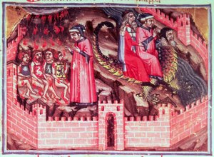 Canto XVII四个Sodomites：但丁和维吉尔骑在Geryon的背上，进入神圣的喜剧圈（地狱），c.1313