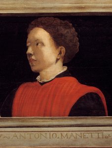 Cassone 有 5 幅佛罗伦萨文艺复兴时期大师的肖像和 Manetti Rutilio di Lorenzo（1571-1639）的肖像。 16 世纪的意大利学校。 下面的铭文可能是连续的。 巴黎卢浮宫博物馆。 作者 意大利学校