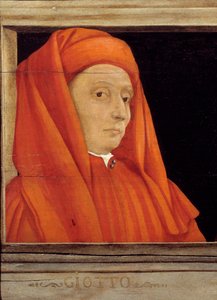卡松内有 5 幅佛罗伦萨文艺复兴时期大师的肖像，细节与 Bondone Ambrogio dit Giotto di Bondone（约 1267-1337 年）的肖像，16 世纪意大利画派，木头油彩。 下面的铭文可能是连续的。 博物馆 作者 意大利学校