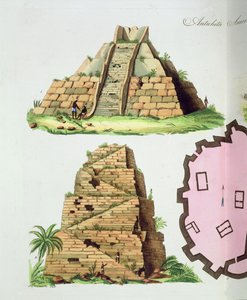中美洲古物，两个台阶式金字塔的细节，《国家的历史》（水印）第47版（94494的细节）。 作者 意大利学校