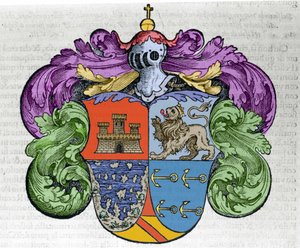 航海家克里斯托弗·哥伦布（Christopher Columbus，1451-1506 年）的徽章：ecu 的四个部分分别代表卡斯蒂利亚和莱昂市的顶部、未覆盖的岛屿和海军上将的象征锚。 来自《Navigationi and Viaggi》一书的雕刻 作者 意大利学校
