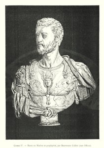Cosme I，大理石和斑纹半身像，本韦努托·切利尼（Benvenuto Cellini）在乌菲齐美术馆（版画） 作者 意大利学校