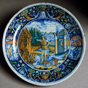大卫在意大利法恩扎生产的歌利亚陶瓷板中获胜。 1507 周围佛罗伦萨，巴杰罗国家博物馆 作者 意大利学校